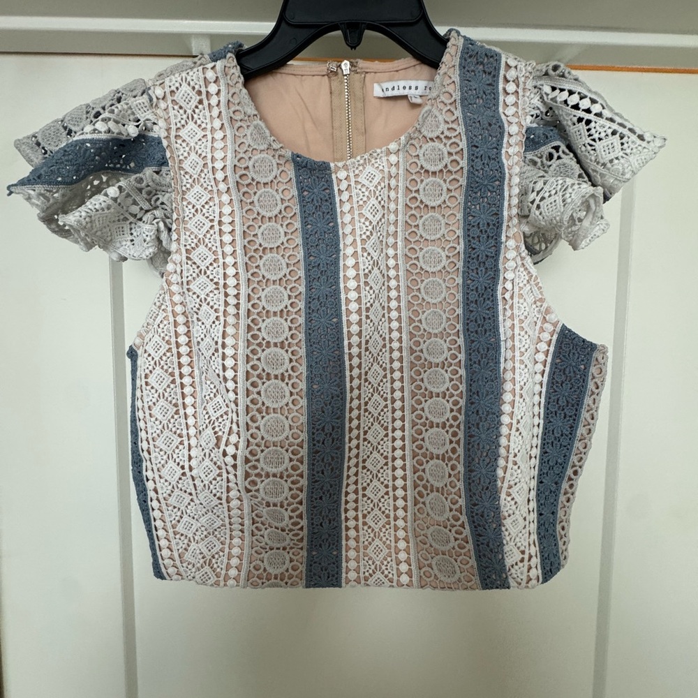 Lace Detailed Top in Blue and Cream